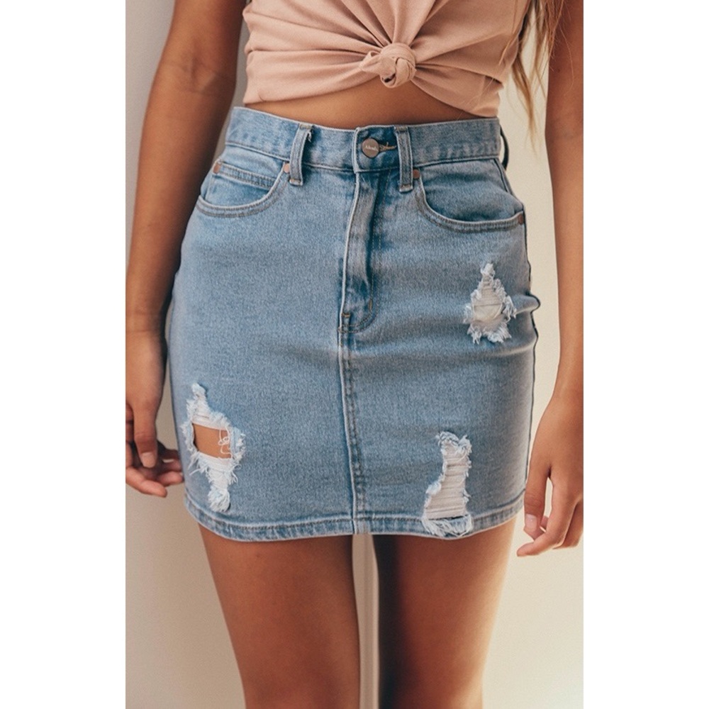 Afends Beat Chevy Distressed Denim Mini Skirt in Stone Blue